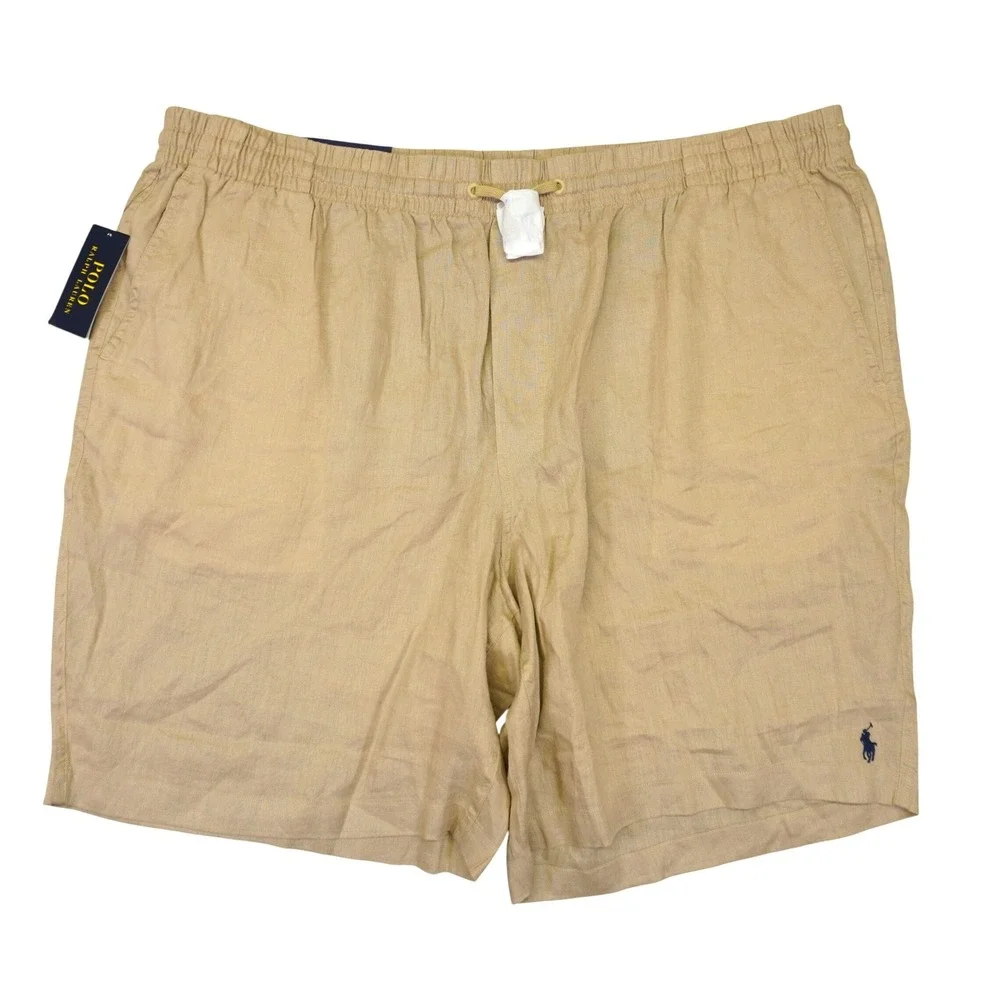 NEW Polo Ralph Lauren Shorts Men 3XLT Beige Khaki Linen Elastic Waist Drawstring